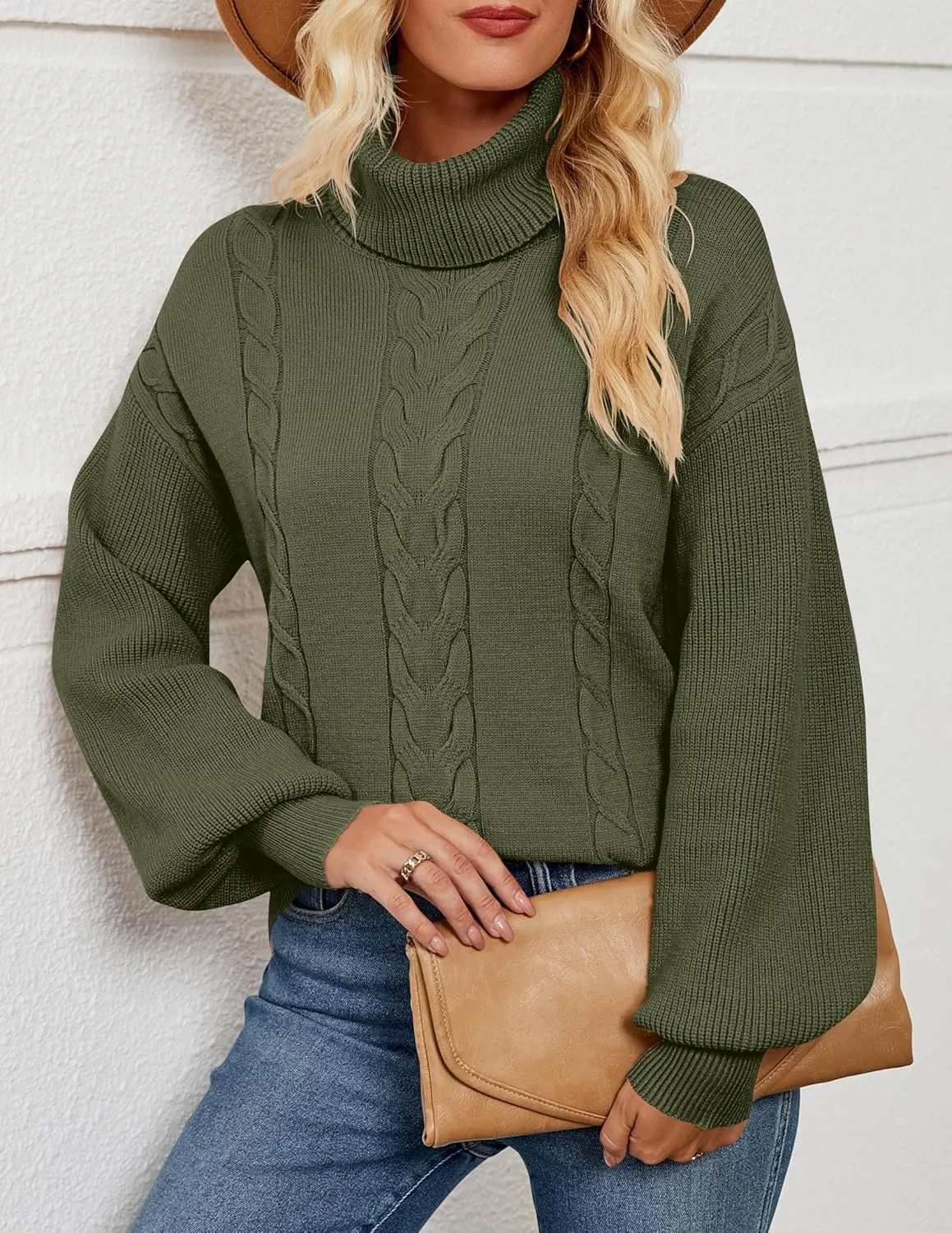 LEANI Women's 2025 Turtleneck Sweater Lantern Long Sleeve Cable Knit Pullover Sweaters Jumper