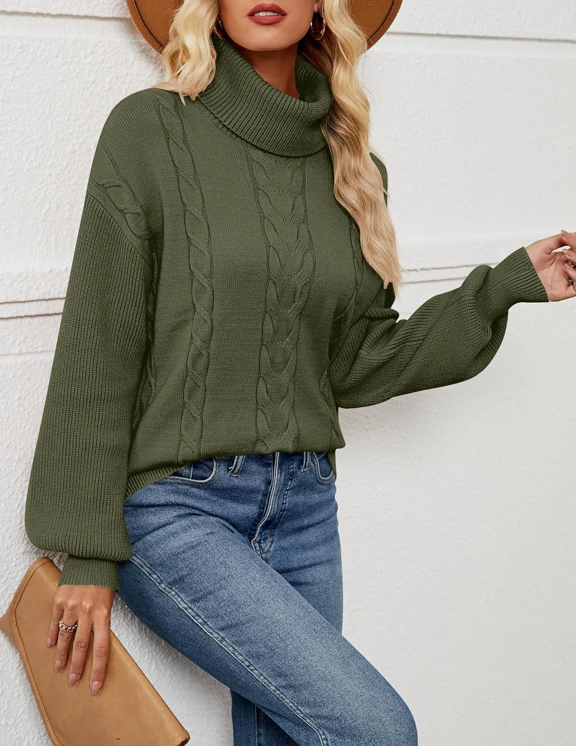 LEANI Women's 2025 Turtleneck Sweater Lantern Long Sleeve Cable Knit Pullover Sweaters Jumper