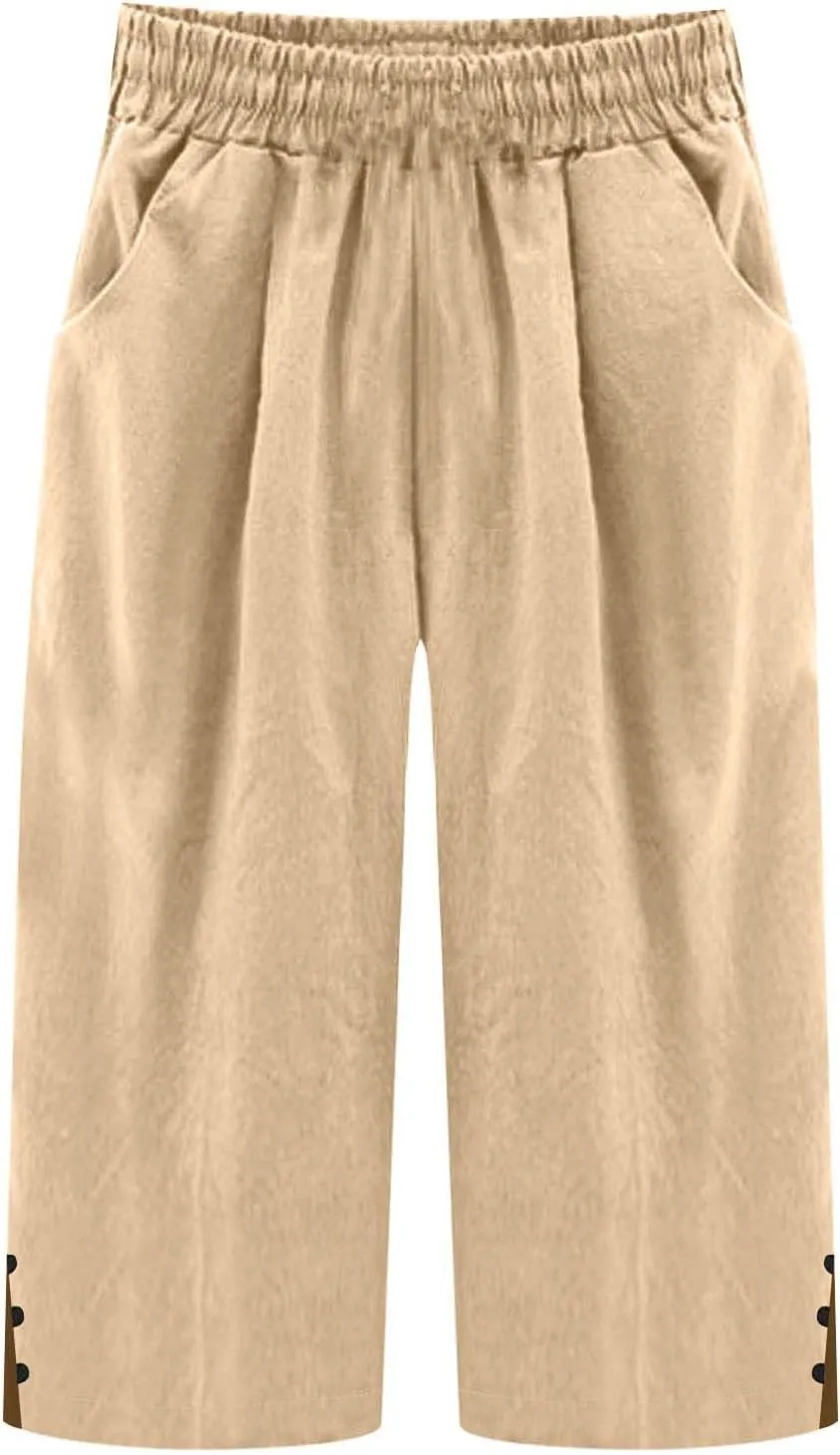 Linen Capris for Women Summer Lightweight Elastic High Waisted Crop Pants Trendy Casual Loose Wide Leg Beach Trousers