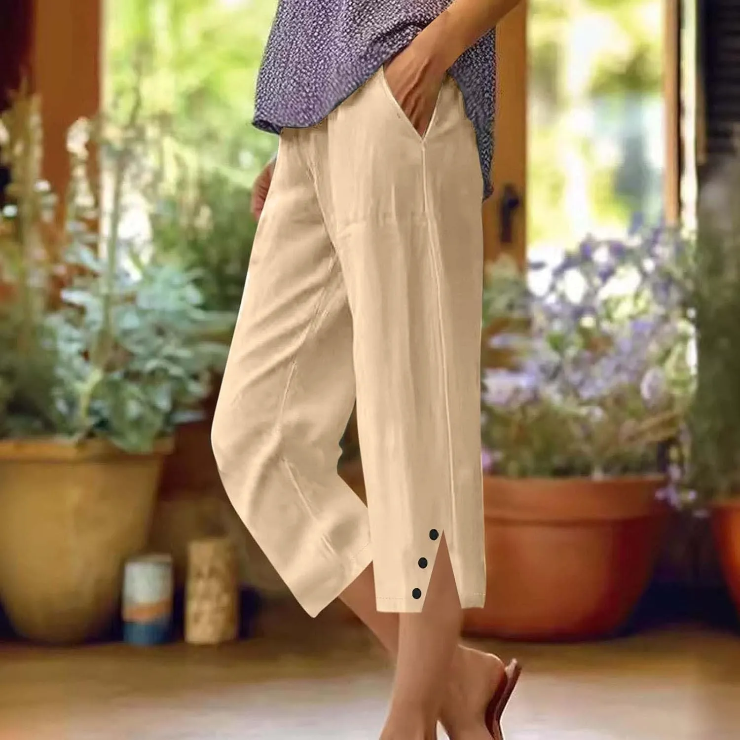 Linen Capris for Women Summer Lightweight Elastic High Waisted Crop Pants Trendy Casual Loose Wide Leg Beach Trousers