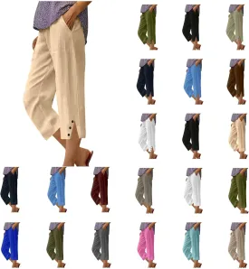 Linen Capris for Women Summer Lightweight Elastic High Waisted Crop Pants Trendy Casual Loose Wide Leg Beach Trousers