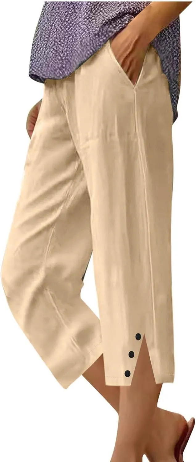 Linen Capris for Women Summer Lightweight Elastic High Waisted Crop Pants Trendy Casual Loose Wide Leg Beach Trousers
