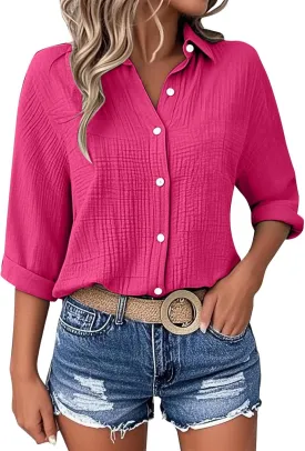 Linen Cotton Shirts for Women Casual Rolled Sleeve Button Down Blouses Summer Solid Color Business Blouse Work Tops