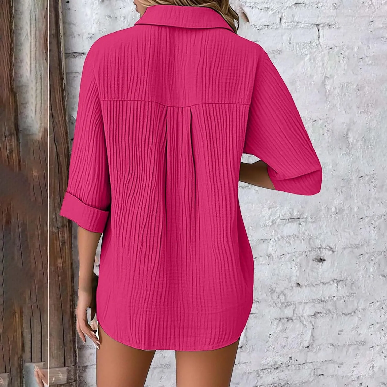 Linen Cotton Shirts for Women Casual Rolled Sleeve Button Down Blouses Summer Solid Color Business Blouse Work Tops