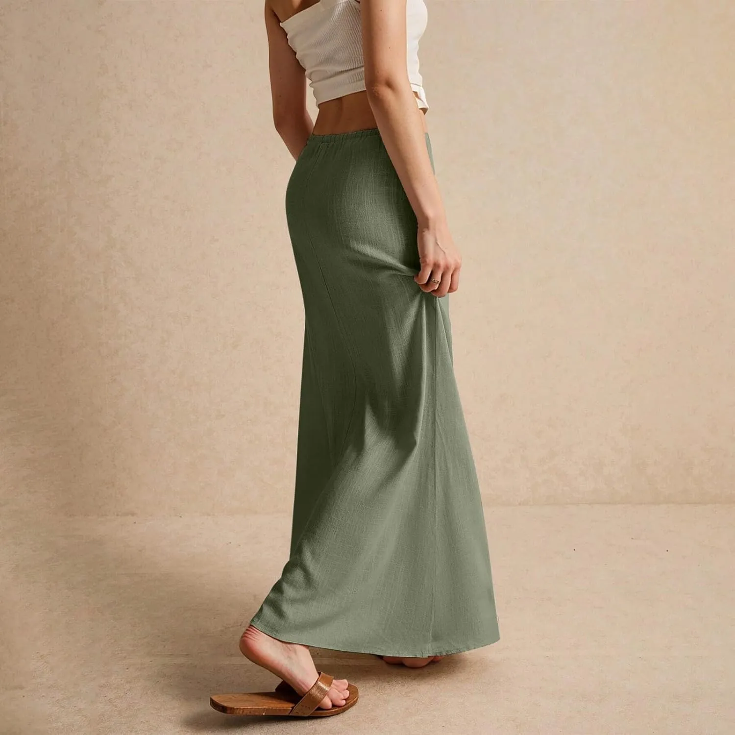 Linen Maxi Skirts for Women Summer 2025 Vacation Boho Skirt Comfy Drawstring Low Waist A Line Skirt Long Cover Ups