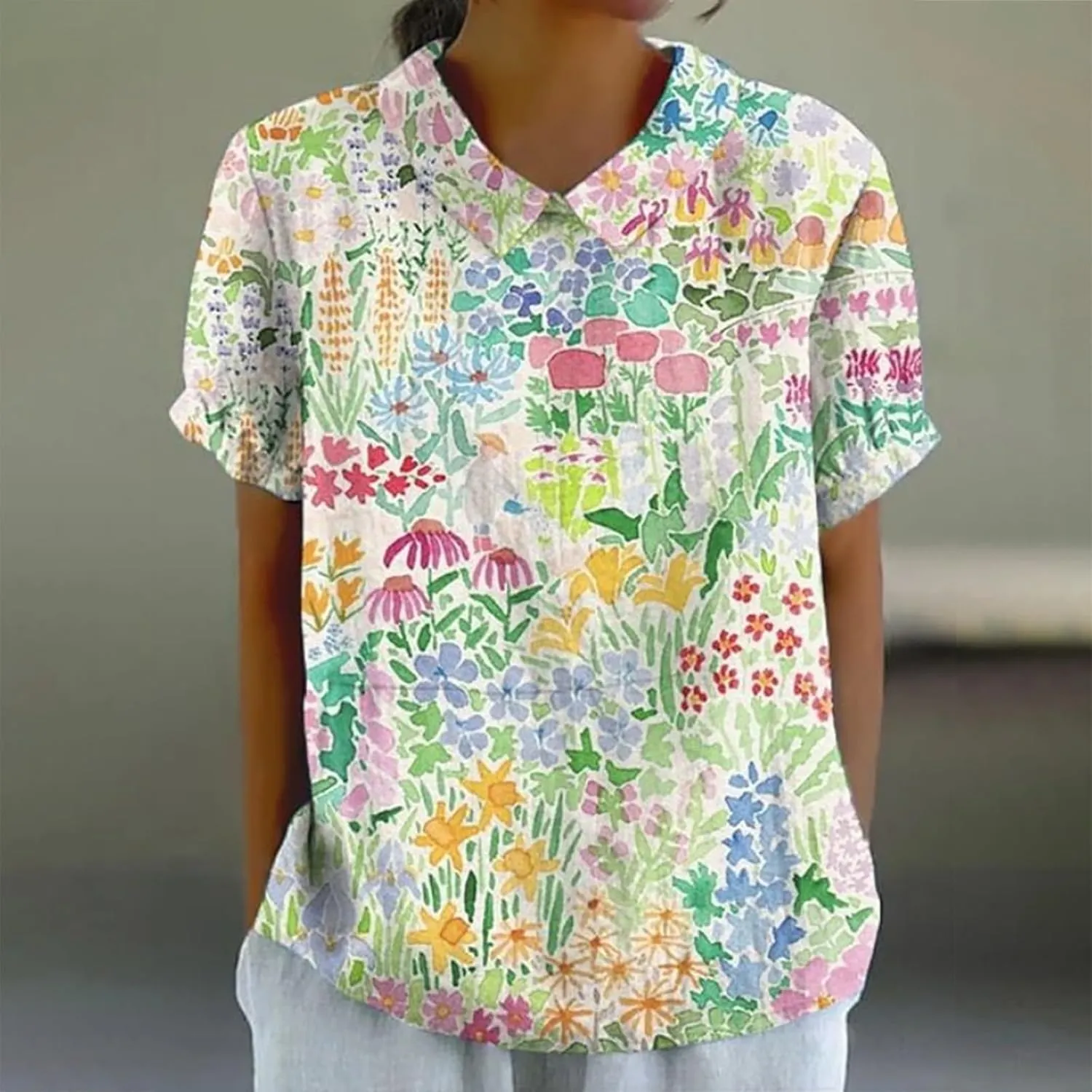 Linen Tunic Tops for Women Solid Color Tees Women Short Sleeve Button Down Up Shirt Casual Collared V Neck Tops Short