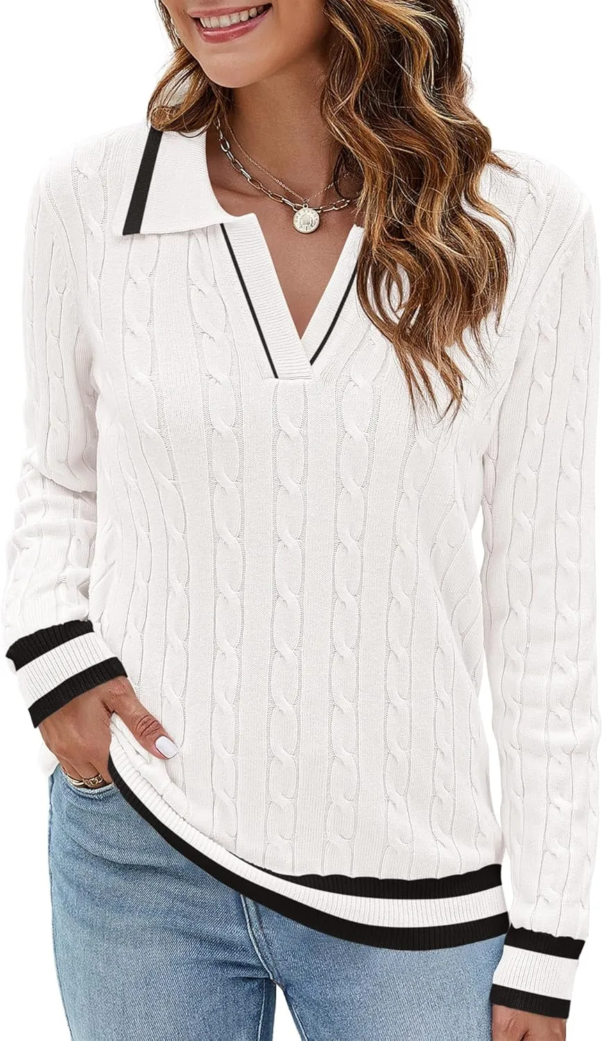 Micoson Womens Fall Long Sleeve Sweaters Lapel V Neck Cable Knitted Pullover Casual Soft Jumper Top