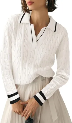 Micoson Womens Fall Long Sleeve Sweaters Lapel V Neck Cable Knitted Pullover Casual Soft Jumper Top