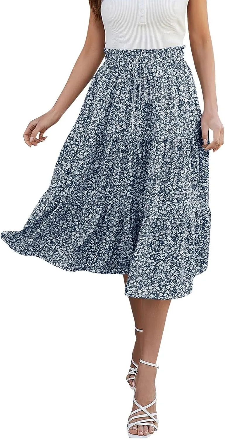Midi Skirts for Women Summer Tiered Drawstring Elastic Waist Knee Length Skirts Pleated A Line Boho Solid Plain Skirts
