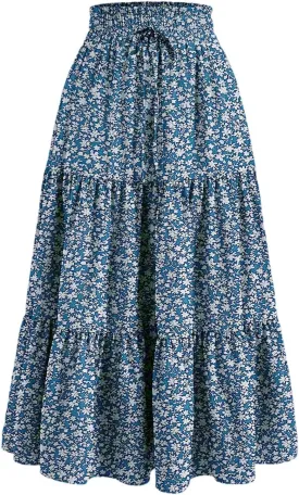 Midi Skirts for Women Summer Tiered Drawstring Elastic Waist Knee Length Skirts Pleated A Line Boho Solid Plain Skirts