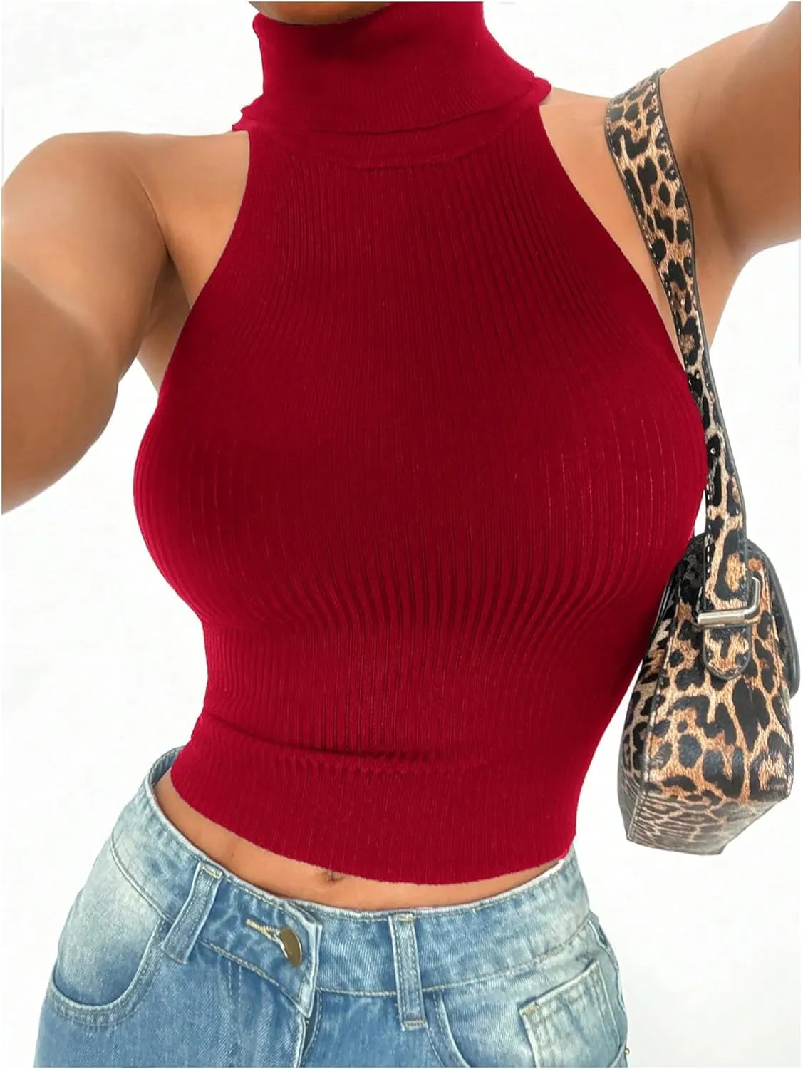 Milumia Women's High Neck Turtleneck Sleeveless Sweater Tank Top Ribbed Knit Crop Tops