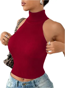 Milumia Women's High Neck Turtleneck Sleeveless Sweater Tank Top Ribbed Knit Crop Tops