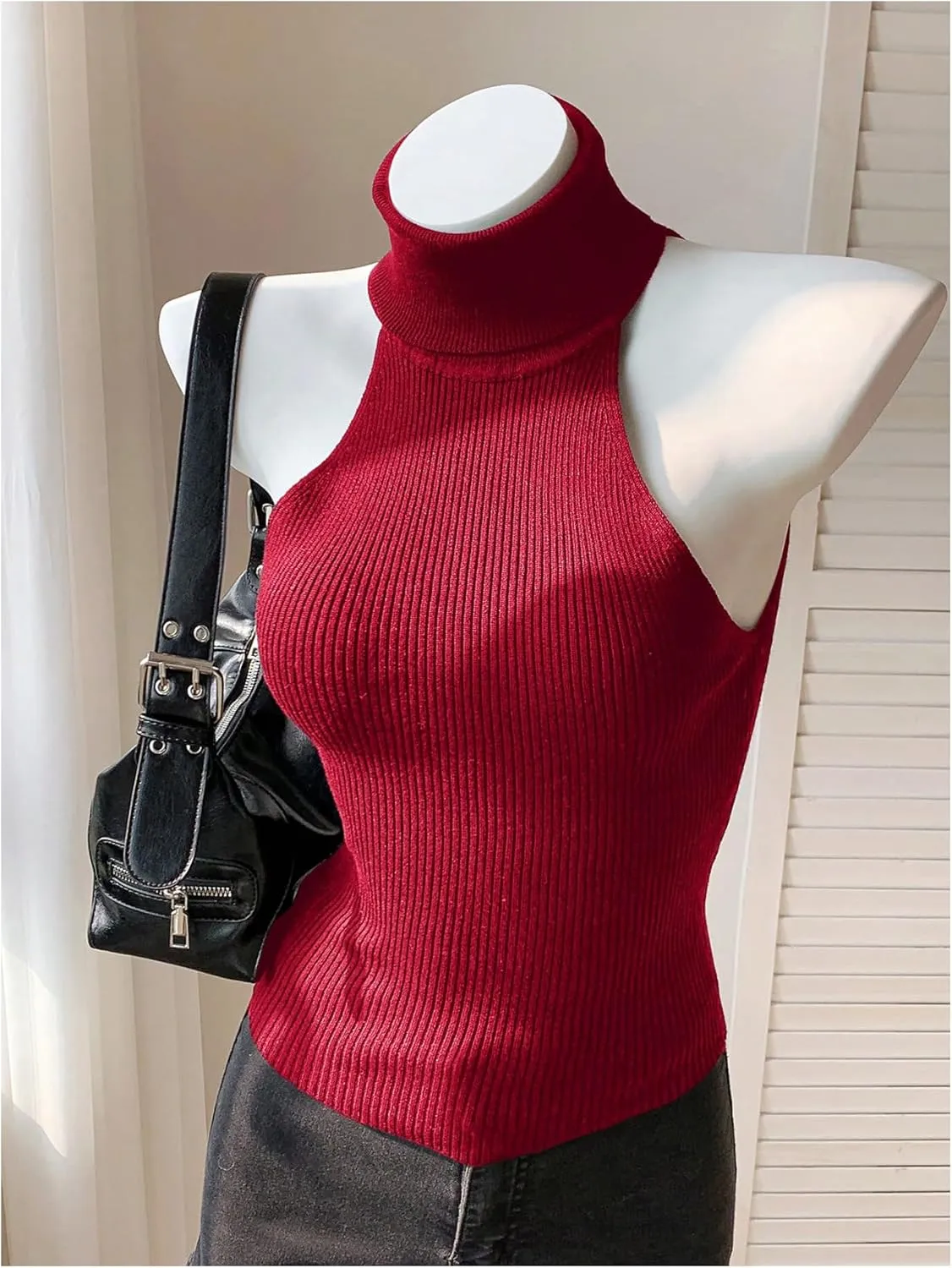 Milumia Women's High Neck Turtleneck Sleeveless Sweater Tank Top Ribbed Knit Crop Tops