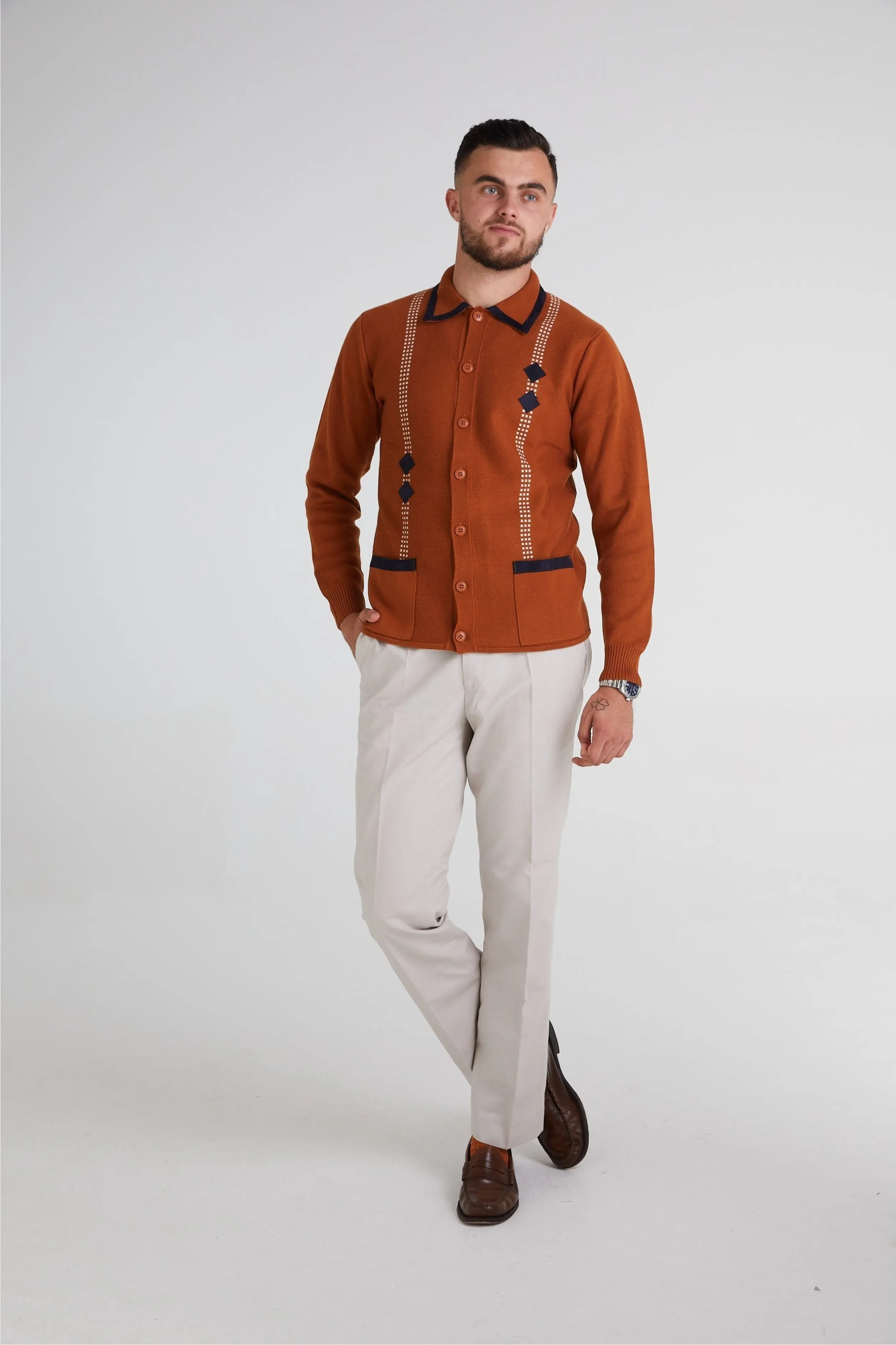 Mr Bridger - Archive Diamond Santora Toffee Long Sleeve - Polo Knit