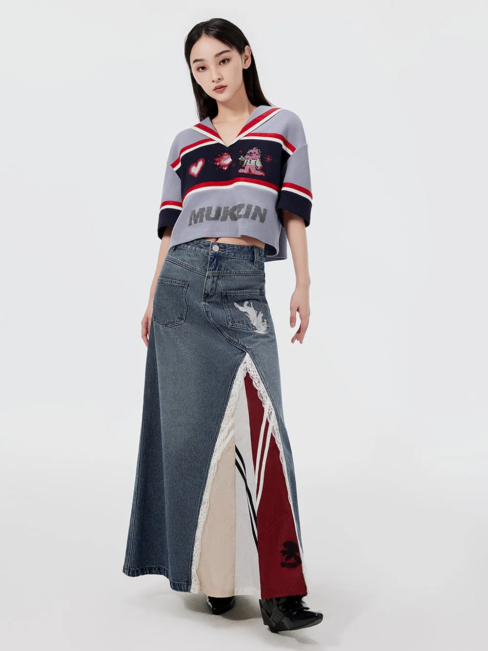 MUKZIN Lace Paneled Fashion Denim Skirt