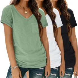 SUNBS 3 Pack Womens V Neck T Shirts Short Sleeve Tees Lightweight Summer Tops with Pocket