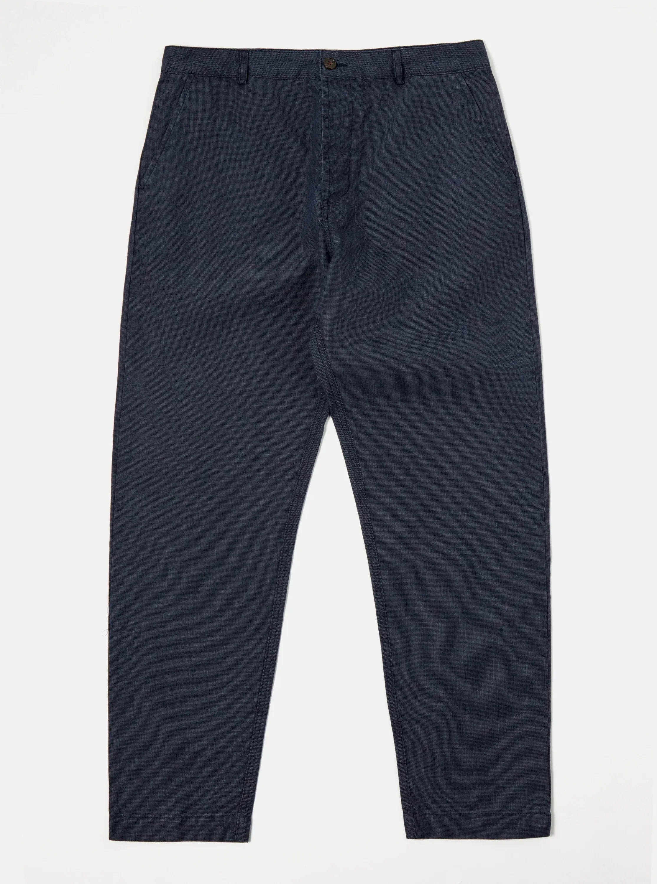 Universal Works Military Chino In Navy Linen Mix Puppytooth