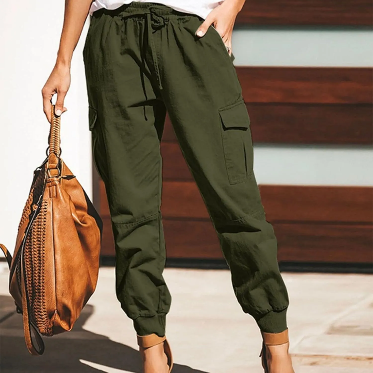Wankang Womens 2023 Soft Casual Drawstring Tie Elastic Waist Loose Jogger Pants Leopard Printed/Cargo Pants with Pockets