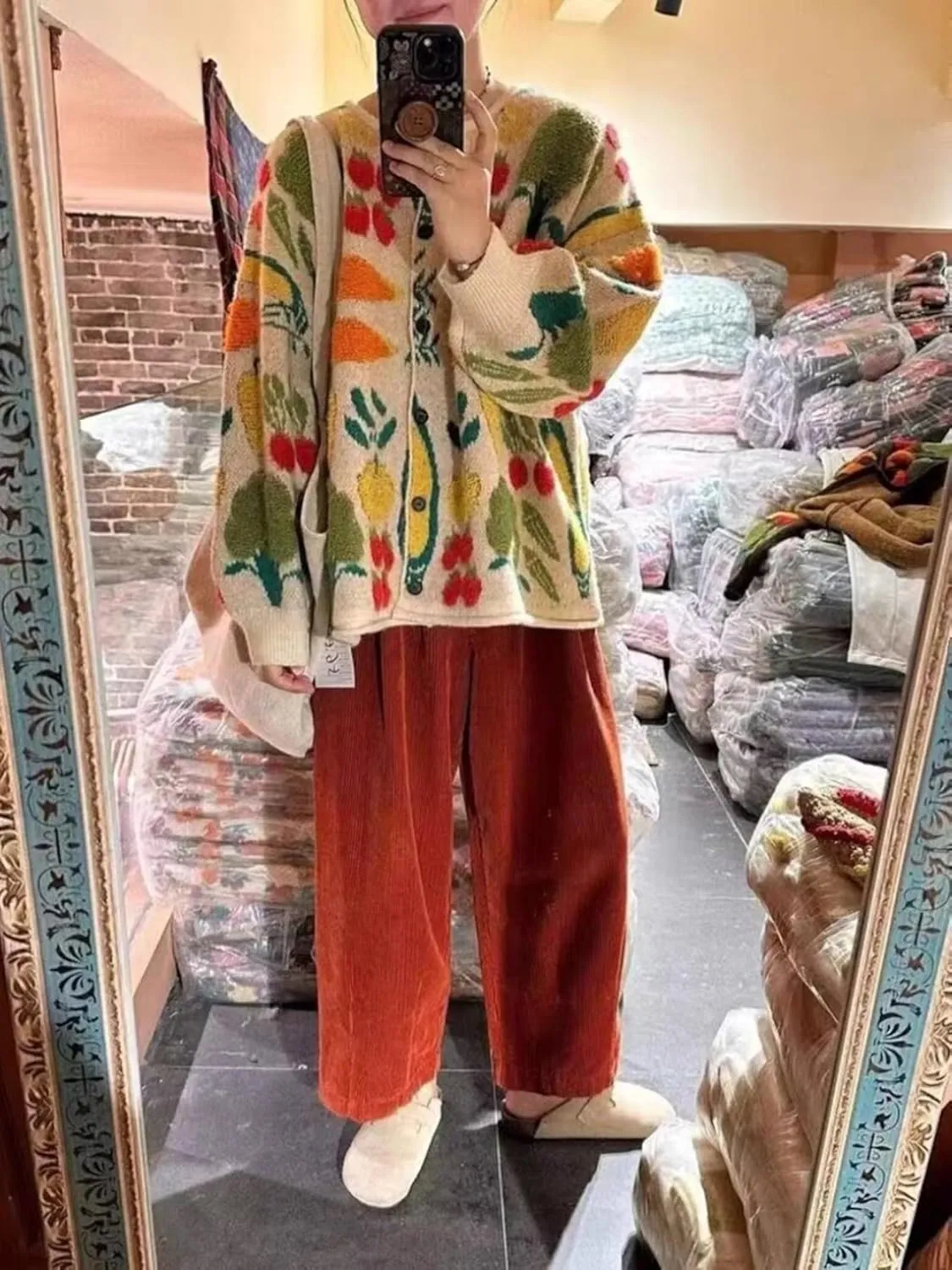 Women Flower Fruit Embroidery Sweater Button Down Oversized Cardigan Knitted Long Sleeve Winter Top Knitwear