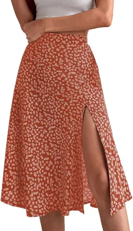 Womens Casual Midi Skirts Boho Floral Print Slit High Waisted A-Line Skirt Summer Sexy Split Beach Skirt