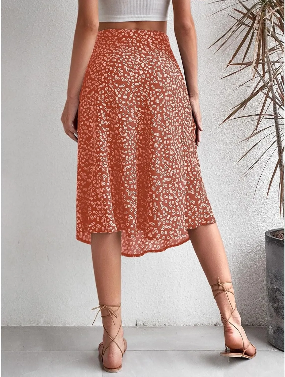Womens Casual Midi Skirts Boho Floral Print Slit High Waisted A-Line Skirt Summer Sexy Split Beach Skirt