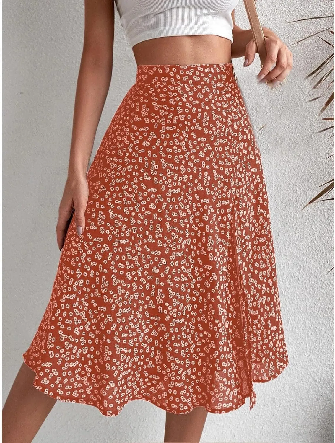 Womens Casual Midi Skirts Boho Floral Print Slit High Waisted A-Line Skirt Summer Sexy Split Beach Skirt