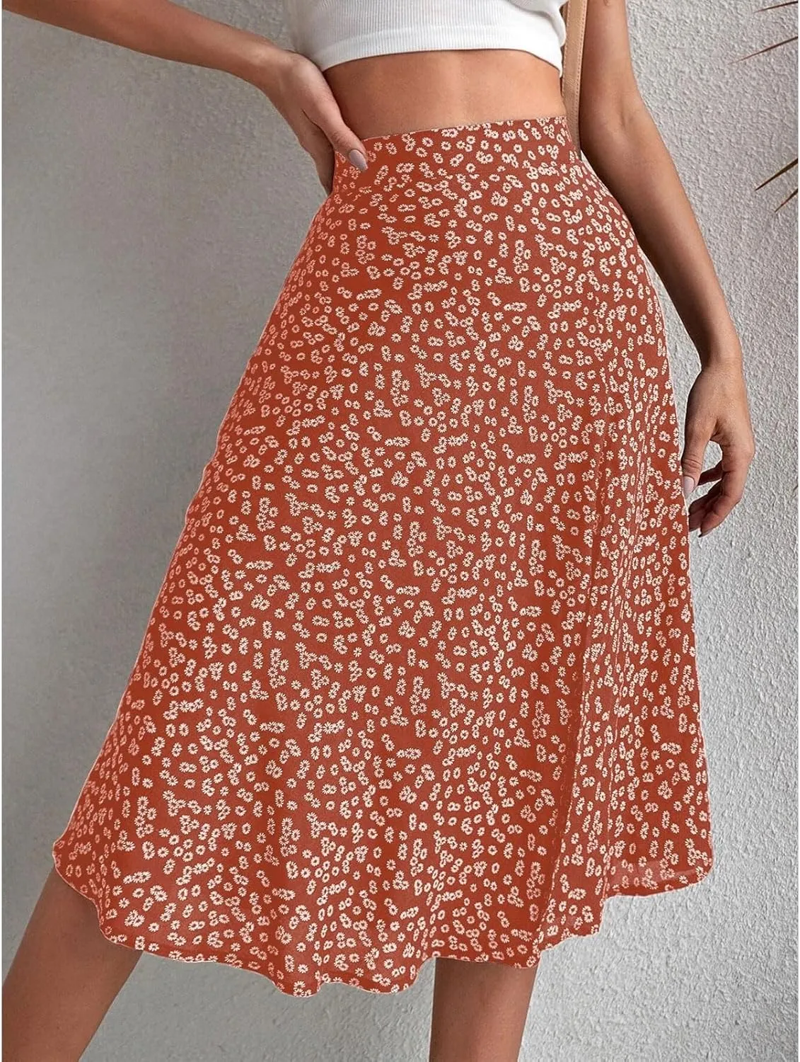 Womens Casual Midi Skirts Boho Floral Print Slit High Waisted A-Line Skirt Summer Sexy Split Beach Skirt
