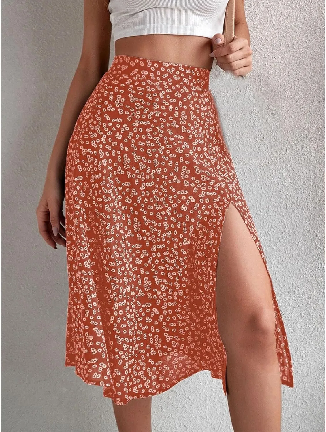 Womens Casual Midi Skirts Boho Floral Print Slit High Waisted A-Line Skirt Summer Sexy Split Beach Skirt
