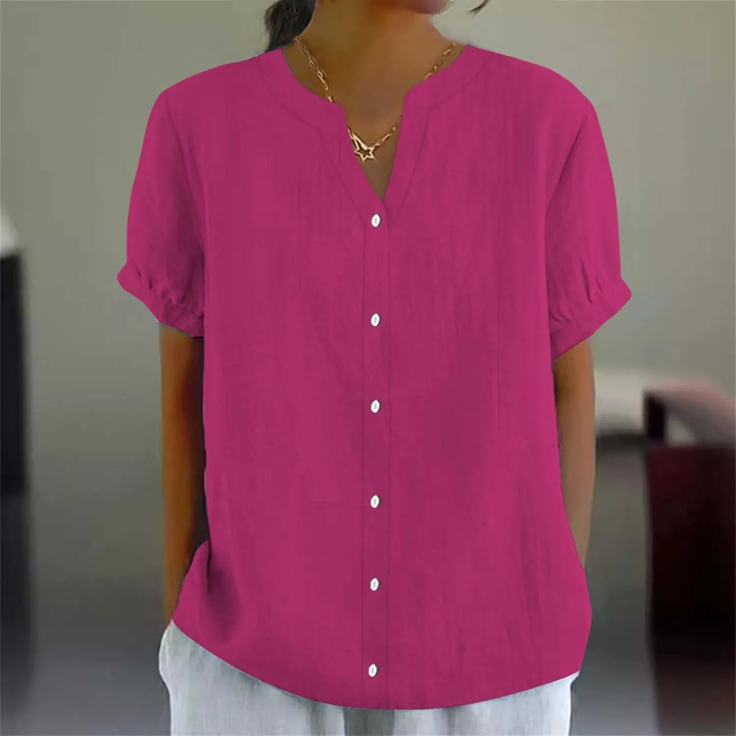 Women's Cotton Linen Shirts Boho Floral Short Sleeve V Neck Top Button Down Loose Comfy Blouses 2025 Summer Work Tee