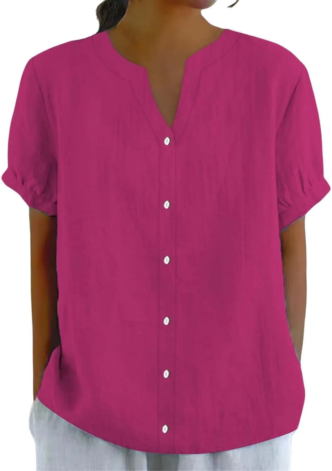 Women's Cotton Linen Shirts Boho Floral Short Sleeve V Neck Top Button Down Loose Comfy Blouses 2025 Summer Work Tee