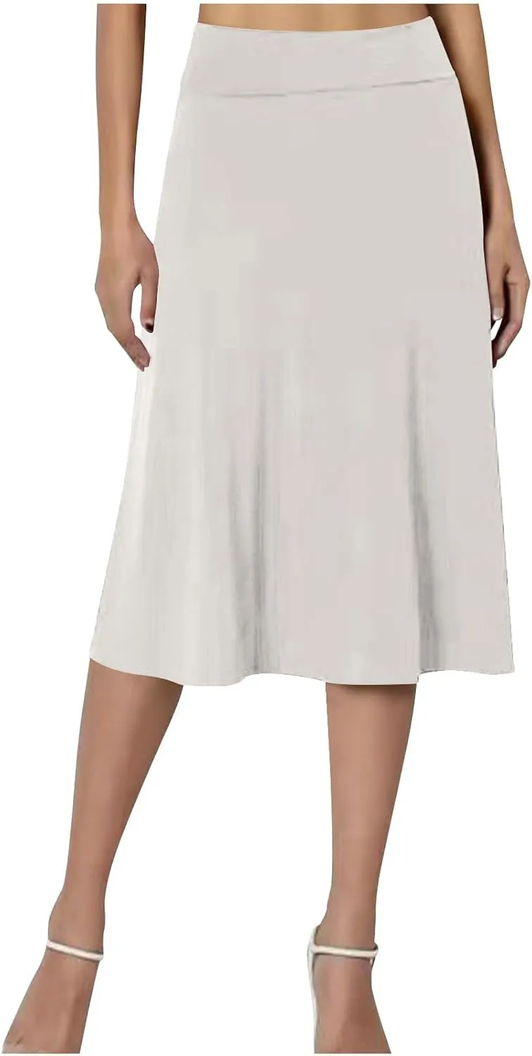 Women's Knee Length Casual Skirts Flared Elastic High Waisted Midi Pleated Flowy A-Line Summer Skirts Solid Color Skirt