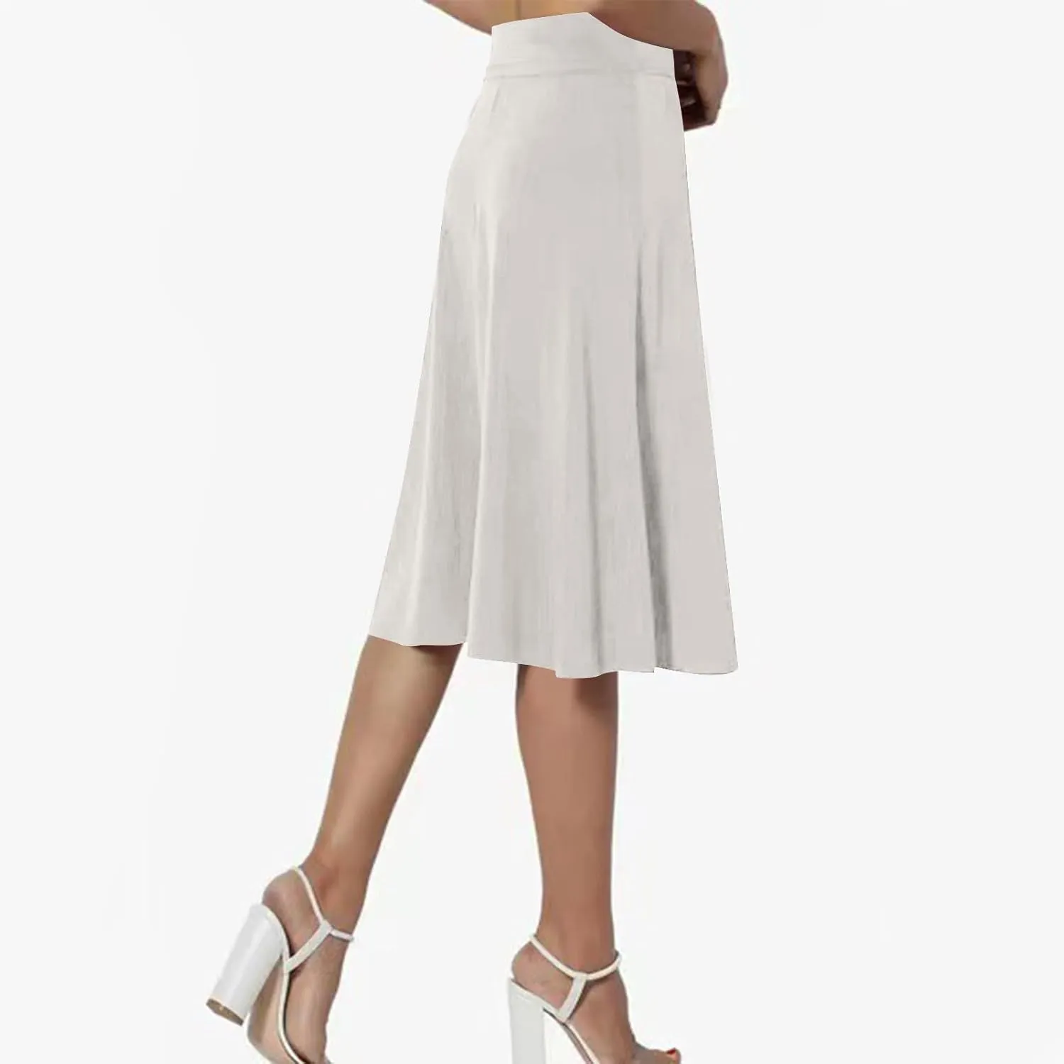 Women's Knee Length Casual Skirts Flared Elastic High Waisted Midi Pleated Flowy A-Line Summer Skirts Solid Color Skirt