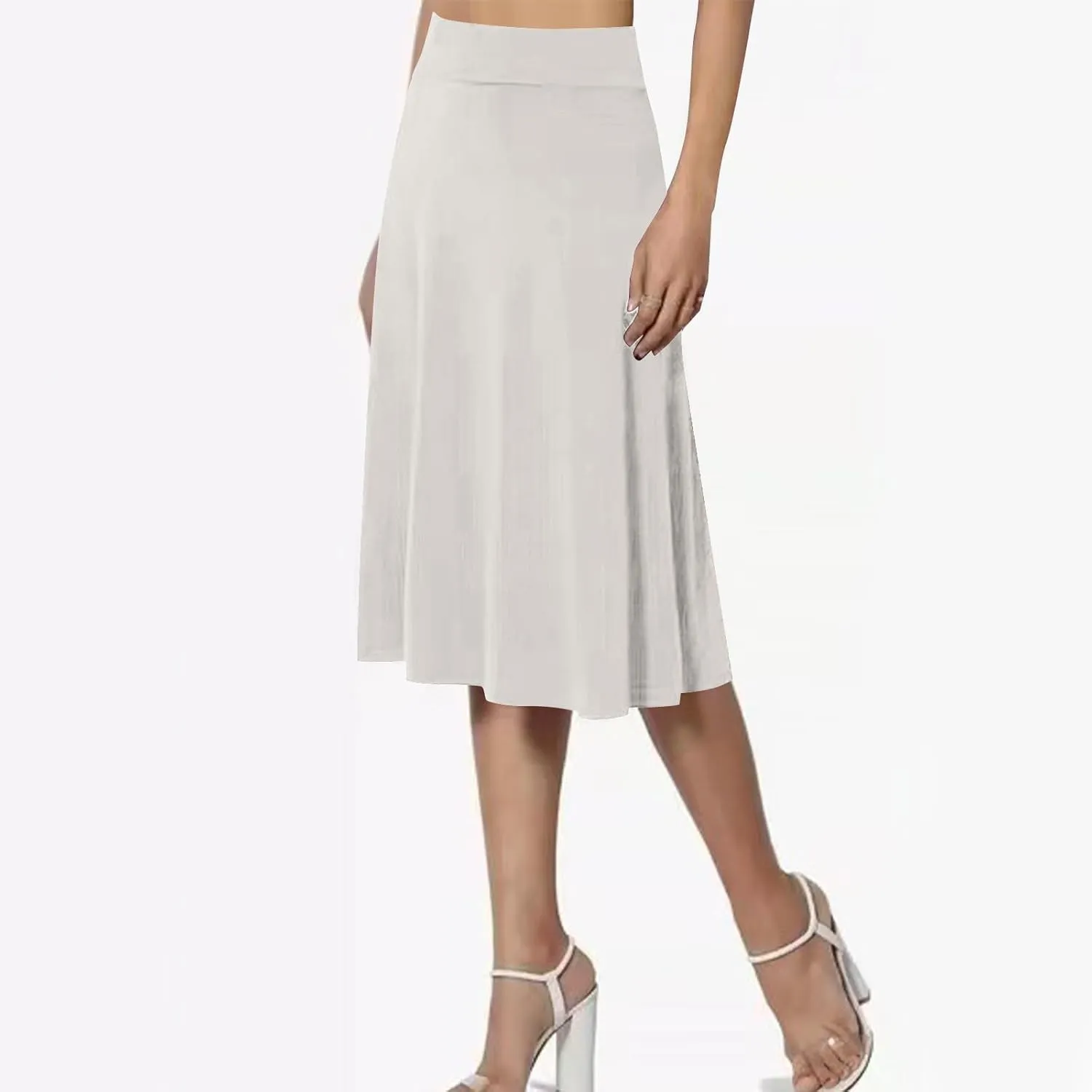 Women's Knee Length Casual Skirts Flared Elastic High Waisted Midi Pleated Flowy A-Line Summer Skirts Solid Color Skirt